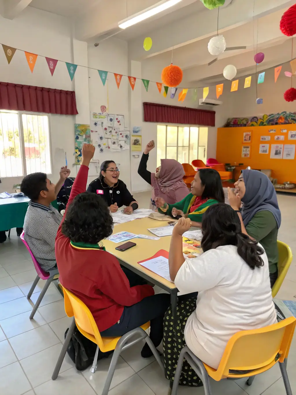 A collaborative brainstorming session with team members around a table, filled with sticky notes, mind maps, and creative ideas, symbolizing CreativeRoots' collaborative approach to problem-solving.