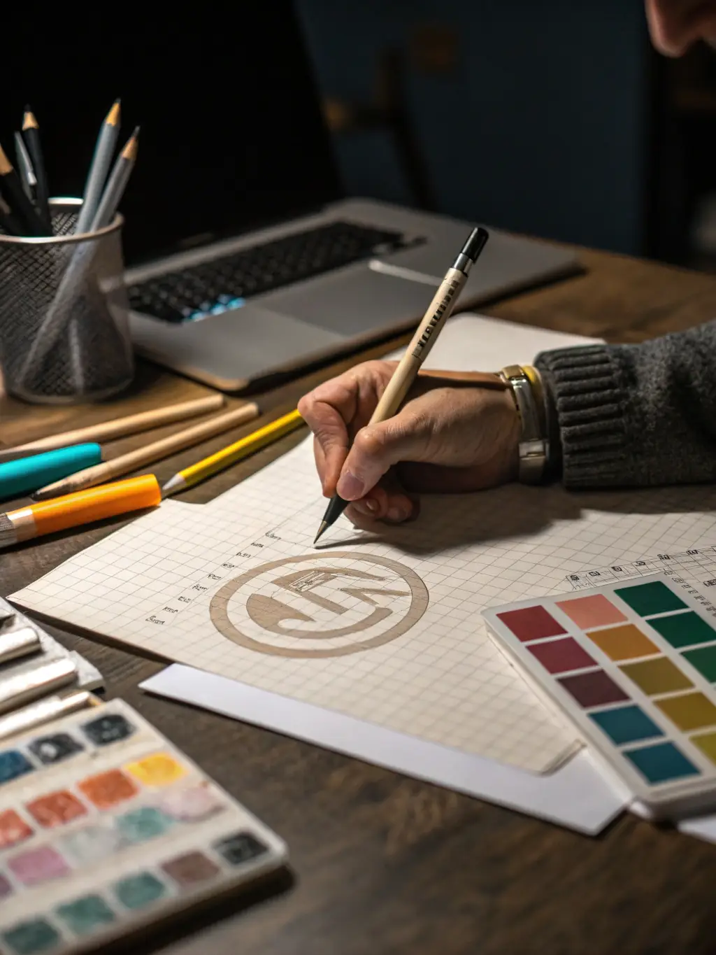 A close-up shot of a designer's hands sketching a logo concept on paper, surrounded by design tools and color swatches, representing the branding process at CreativeRoots.